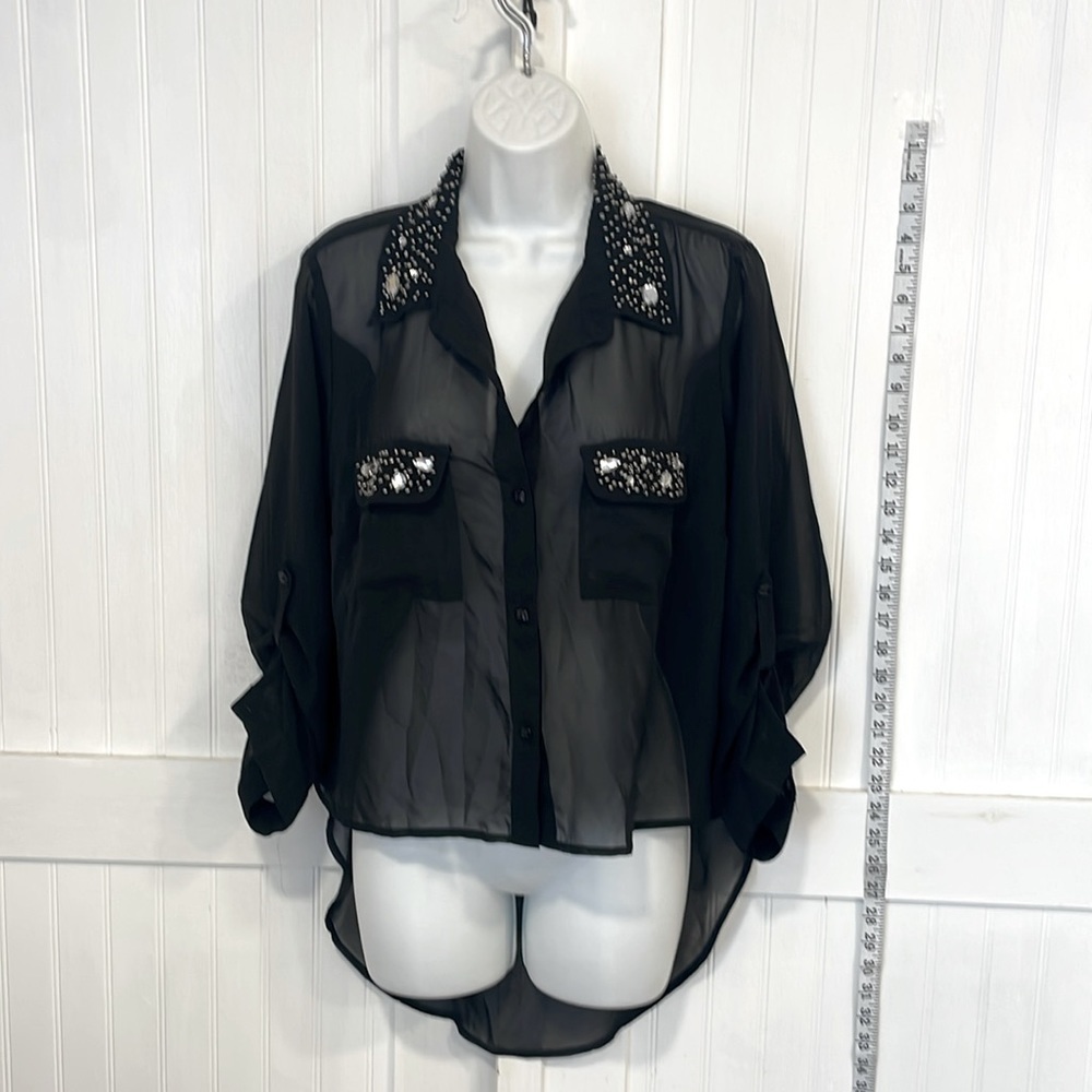 Dots sheer, rhinestone embellished, high/low black top size L